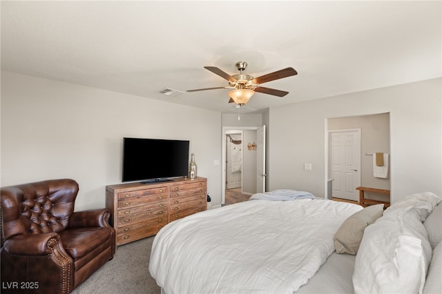 bedroom featuring carpet, visible vents, and ceiling fan