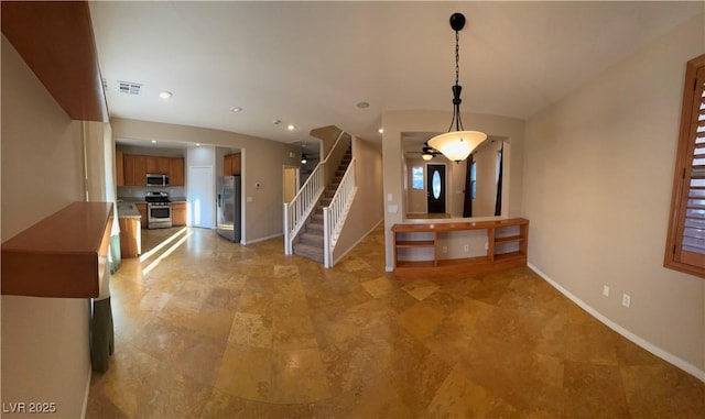 entrance foyer featuring baseboards, visible vents, stairway, and recessed lighting