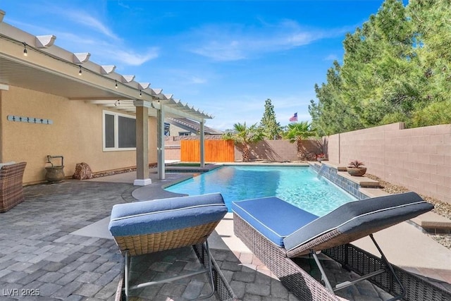 view of swimming pool with a patio area, a fenced backyard, a pergola, and a fenced in pool