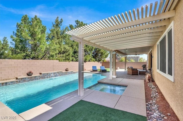 view of pool with a fenced backyard, an in ground hot tub, a fenced in pool, a pergola, and a patio area