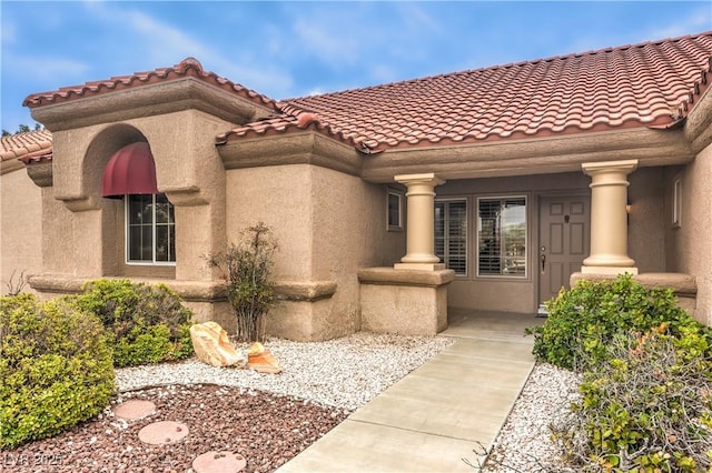 doorway to property with a porch and stucco siding