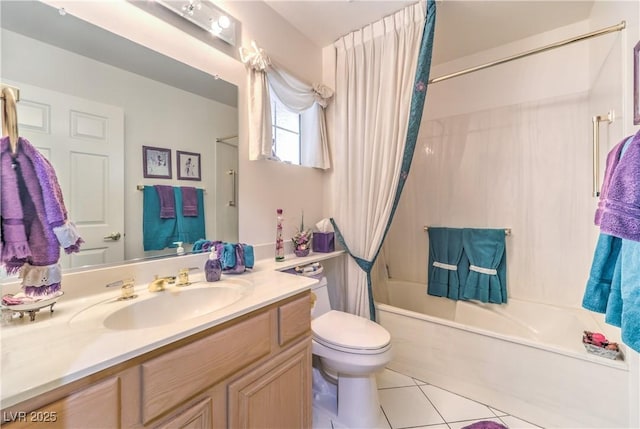 bathroom featuring toilet, shower / tub combo, tile patterned floors, and vanity