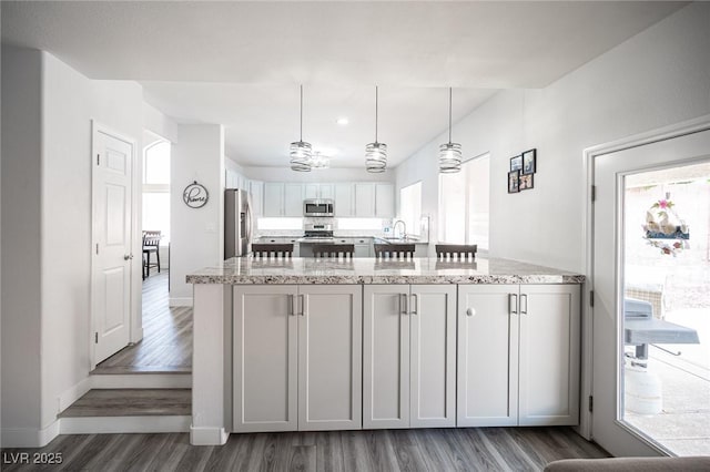 kitchen with appliances with stainless steel finishes, a sink, light stone counters, and wood finished floors