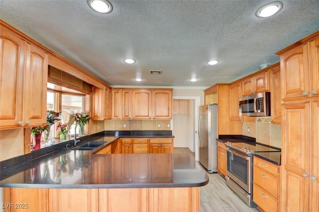 kitchen featuring stainless steel appliances, dark countertops, a sink, and a peninsula