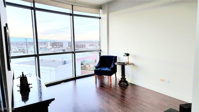 sitting room featuring expansive windows, a view of city, baseboards, and wood finished floors