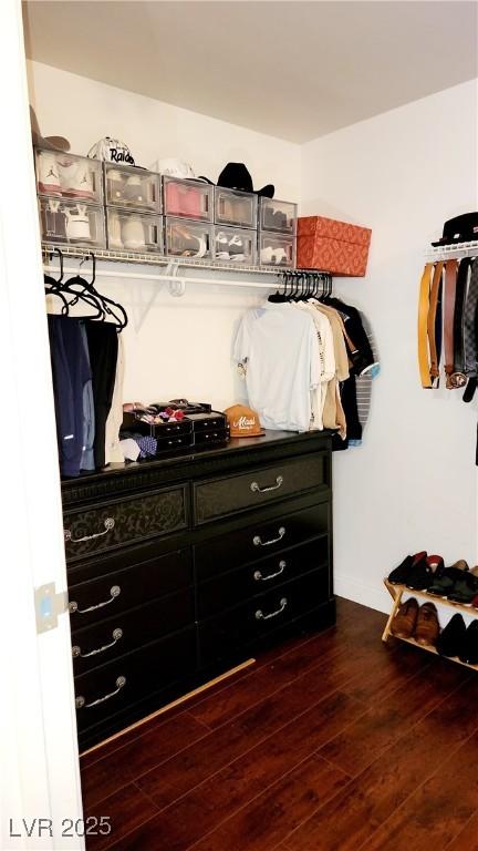 walk in closet with dark wood finished floors