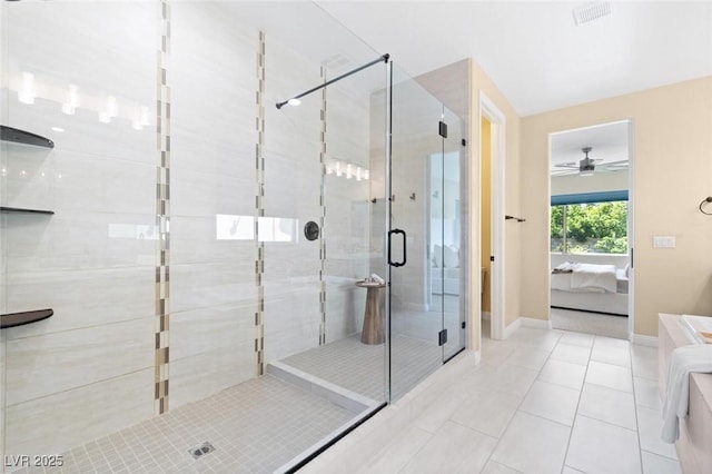 ensuite bathroom featuring ensuite bathroom, tile patterned flooring, a shower stall, and visible vents