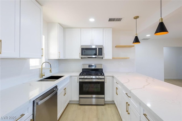 kitchen with appliances with stainless steel finishes, white cabinets, a sink, and open shelves