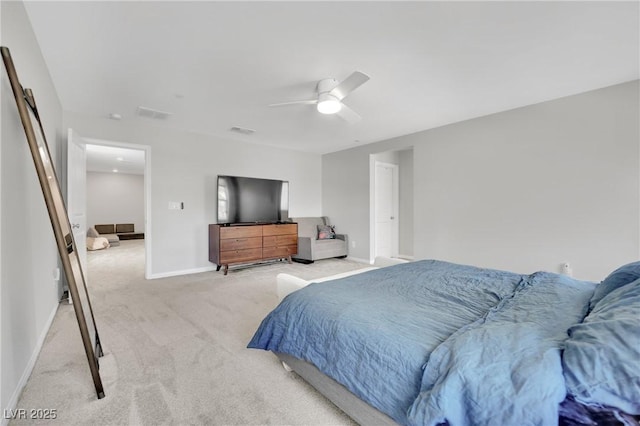 bedroom featuring light carpet, visible vents, ceiling fan, and baseboards