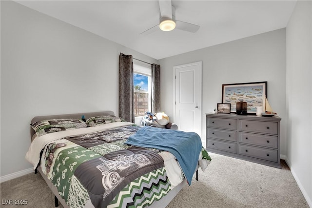 bedroom featuring carpet flooring, baseboards, and ceiling fan