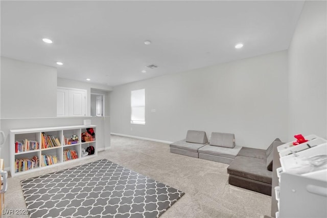 rec room with carpet flooring, recessed lighting, visible vents, and baseboards