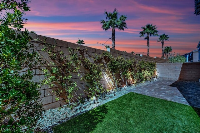 yard at dusk with a patio area and a fenced backyard