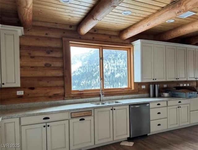 kitchen featuring beam ceiling, white cabinetry, wood finished floors, wooden ceiling, and dishwasher