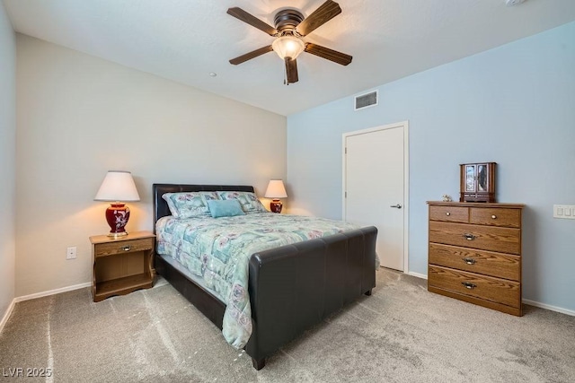 bedroom featuring baseboards, visible vents, ceiling fan, and carpet flooring