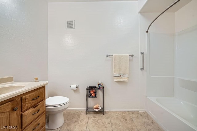 full bath featuring toilet, visible vents, vanity, baseboards, and tub / shower combination