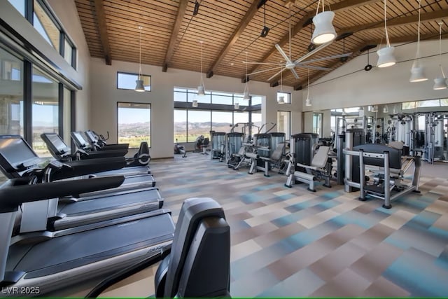 workout area with high vaulted ceiling, wood ceiling, and carpet flooring