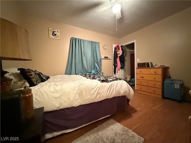 bedroom featuring a walk in closet, a closet, ceiling fan, and wood finished floors