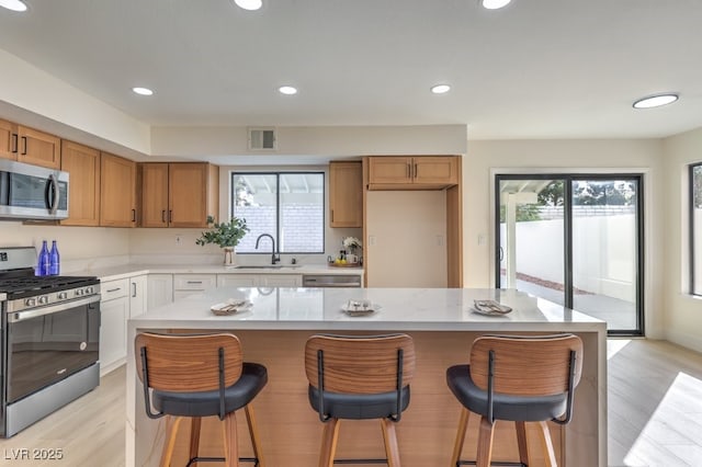 kitchen with light countertops, visible vents, appliances with stainless steel finishes, a healthy amount of sunlight, and a sink