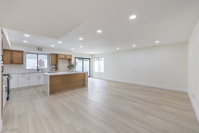 kitchen featuring a sink, plenty of natural light, a kitchen island, and gas range