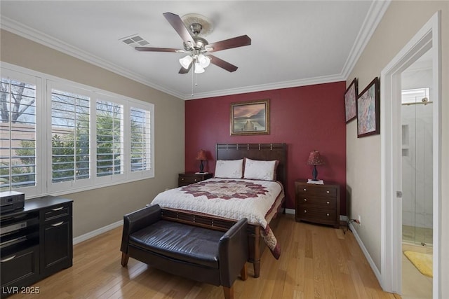 bedroom with visible vents, light wood-style flooring, crown molding, and baseboards