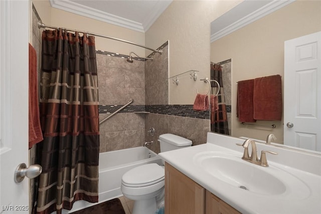 bathroom featuring vanity, ornamental molding, shower / tub combo, tile patterned floors, and toilet