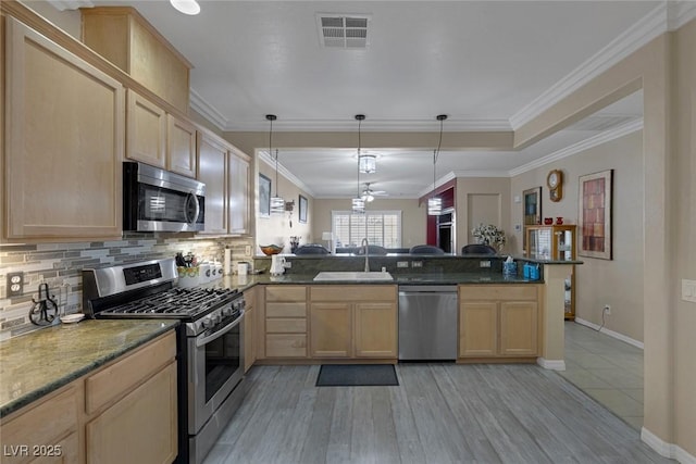 kitchen with visible vents, light brown cabinets, stainless steel appliances, and a sink