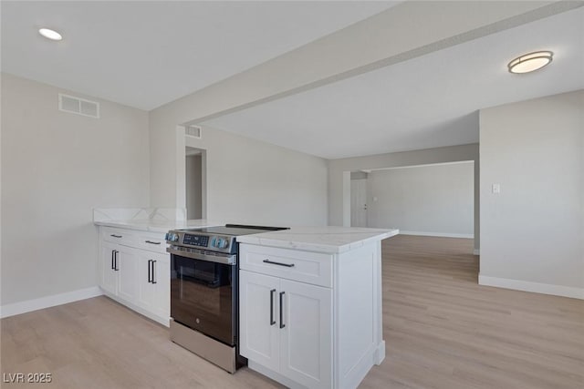 kitchen with visible vents, light wood-style flooring, electric range, a peninsula, and baseboards