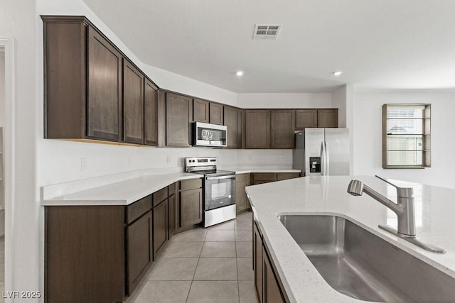 kitchen with stainless steel appliances, dark brown cabinets, a sink, and visible vents