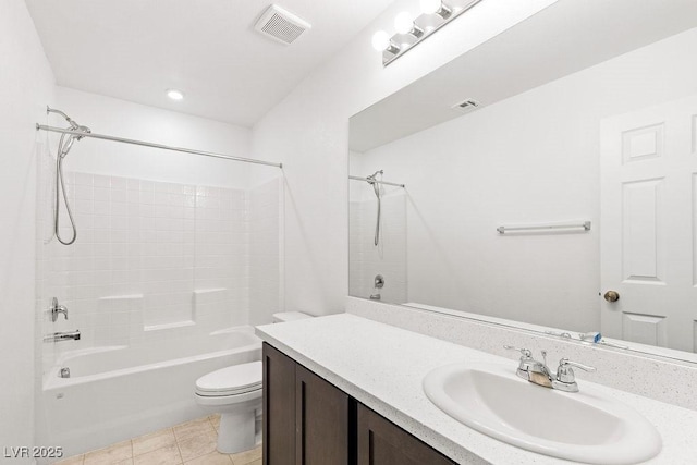 bathroom with toilet, shower / bath combination, vanity, visible vents, and tile patterned floors