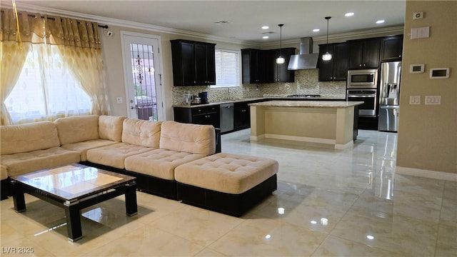 interior space with baseboards, recessed lighting, a wealth of natural light, and crown molding