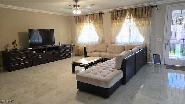 living room featuring ceiling fan, marble finish floor, visible vents, and crown molding