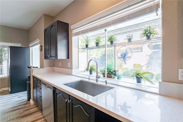 kitchen featuring light wood finished floors, dishwasher, dark cabinets, light stone countertops, and a sink