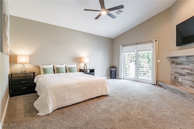 bedroom with high vaulted ceiling, visible vents, baseboards, access to outside, and carpet