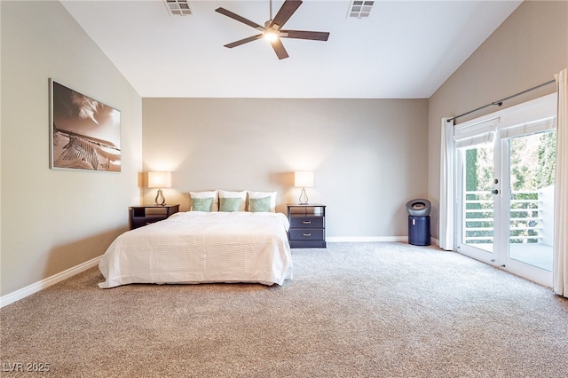 carpeted bedroom with baseboards, visible vents, and access to exterior