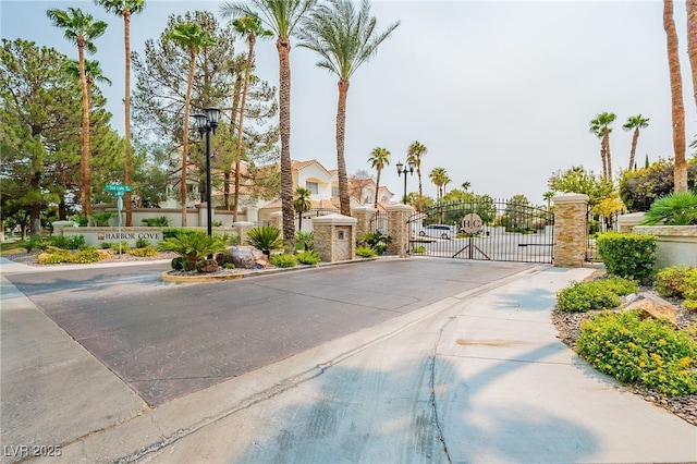 view of road featuring curbs, street lighting, a gated entry, and a gate