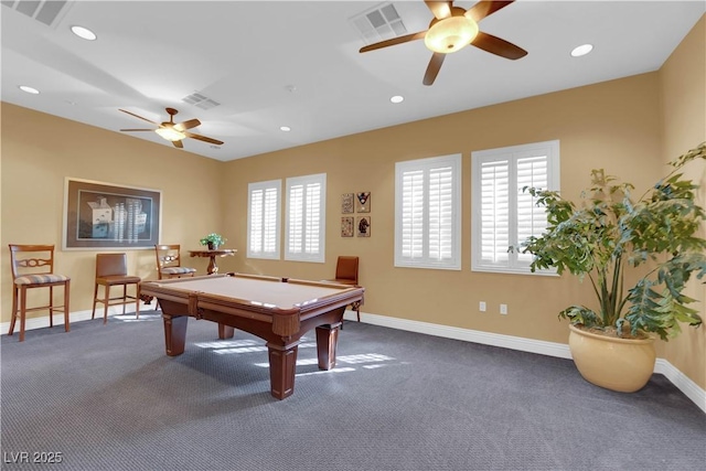 playroom with baseboards, visible vents, dark colored carpet, and recessed lighting