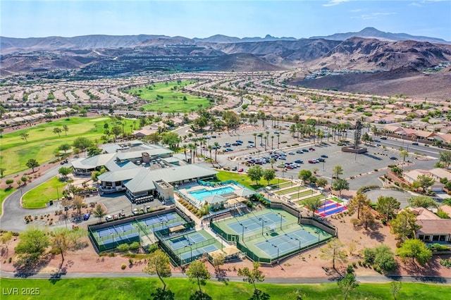 drone / aerial view with a residential view and a mountain view