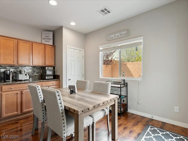 dining room with recessed lighting, visible vents, dark wood finished floors, and baseboards