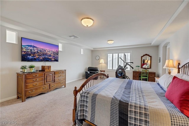 bedroom with carpet, visible vents, and baseboards