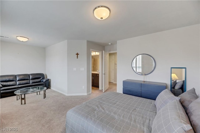 bedroom featuring light carpet, baseboards, and visible vents