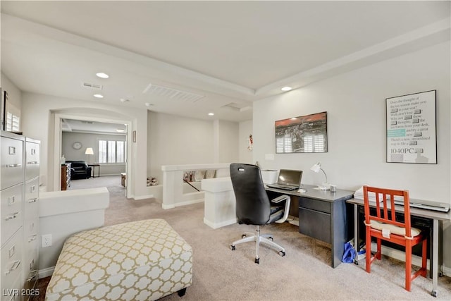 carpeted office space with recessed lighting, visible vents, and baseboards