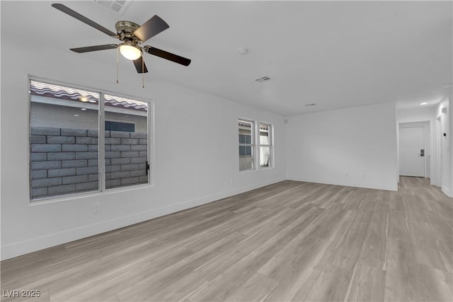 unfurnished room featuring visible vents, ceiling fan, light wood-style flooring, and baseboards