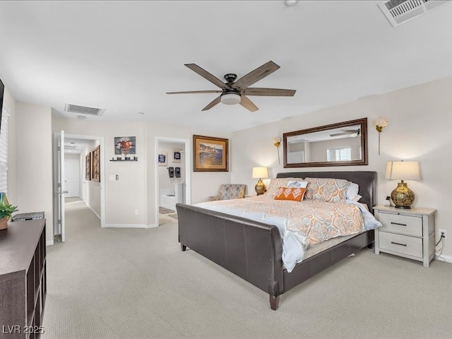 bedroom featuring light carpet, visible vents, a ceiling fan, and baseboards