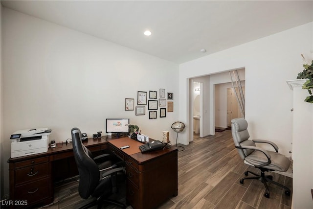 office space with wood finished floors and recessed lighting