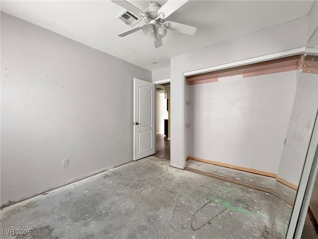 unfurnished bedroom featuring a closet, visible vents, and a ceiling fan