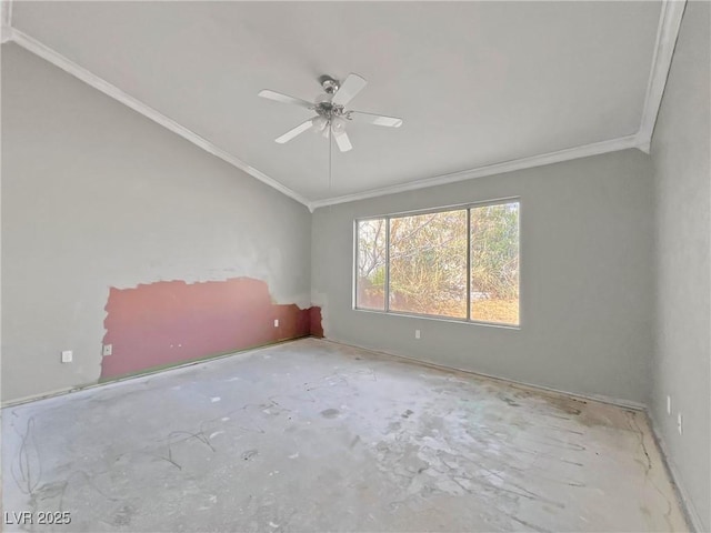 unfurnished room with ceiling fan, ornamental molding, and unfinished concrete floors