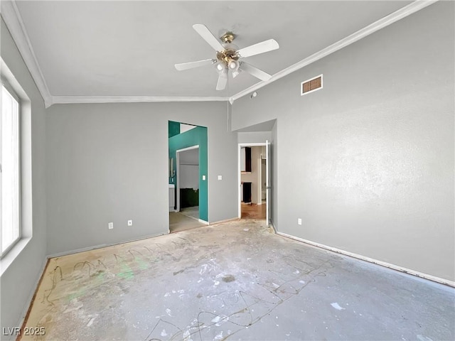 unfurnished bedroom with ceiling fan, visible vents, and crown molding