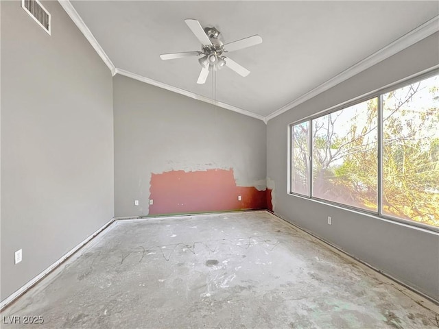 spare room with ceiling fan, ornamental molding, visible vents, and concrete flooring