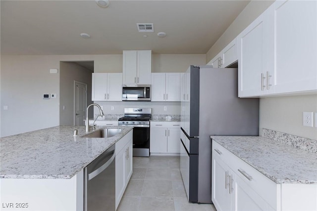 kitchen with visible vents, appliances with stainless steel finishes, white cabinets, a sink, and light stone countertops