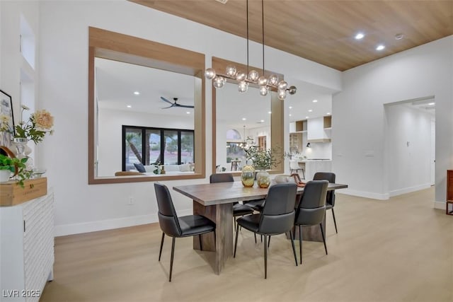 dining area with ceiling fan, recessed lighting, wood ceiling, baseboards, and light wood-type flooring